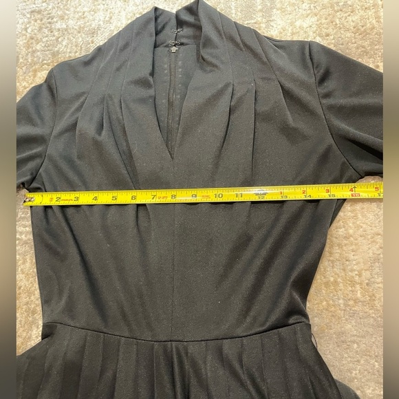 Vintage Sears Black Pleated Skirt Dress With High Pleated V- Neckline Belted - Picture 7 of 11